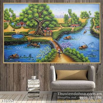 Tranh làng quê cây đa cổ thụ đẹp in uv