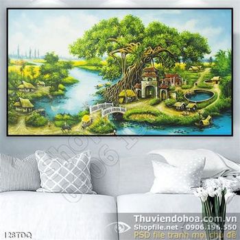 Tranh làng quê cây đa cổ thụ ngoài cổng làng