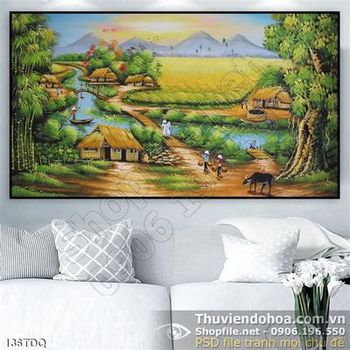 Tranh đồng quê nông thôn ruộng lúa chín rộ đẹp