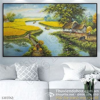 Tranh đồng quê dòng sông bên cánh đồng ruộng lớn