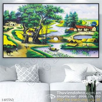 Tranh làng quê sơn dầu 3d cây đa già