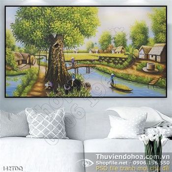 Tranh làng quê 3d wall cây đa và dòng sông