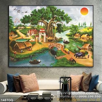 Tranh làng quê Việt Nam khung cảnh yên bình