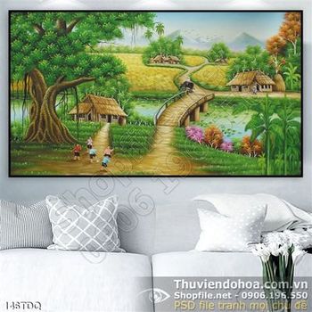 Tranh đồng quê mấy đứa nhỏ chơi đồ ngoài sân