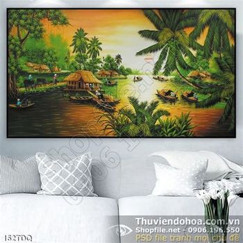 Tranh đồng quê nông thôn ngôi nhà nhỏ trên sông