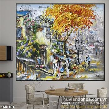 Tranh làng quê sơn dầu phố cổ Hà Nội mùa thu
