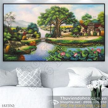 Tranh đồng quê dòng sông và cây đa lớn