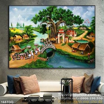 Tranh làng quê vinh quy bái tổ đi qua cổng làng