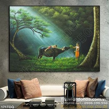 Tranh đồng quê sơn dầu cậu bé chăn trâu