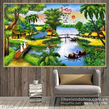 Tranh đồng quê thiếu nữ mặc áo dài qua sông