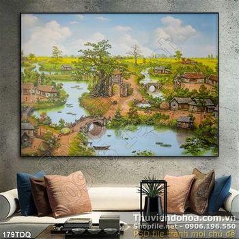 Tranh đồng quê nông thôn bình yên sớm mai