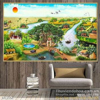 Tranh làng quê khung cảnh buổi sáng đẹp psd