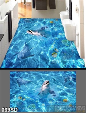 Tranh cá heo đại dương in sàn 3D