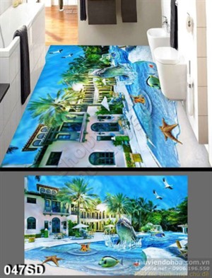 Tranh bể cá heo và biệt thự