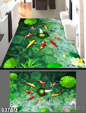 Tranh cá chép Koi và lá sen in gạch chất lượng cao