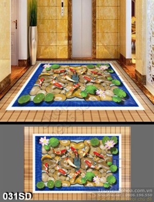 Tranh in sàn cá chép Koi và hoa Sen