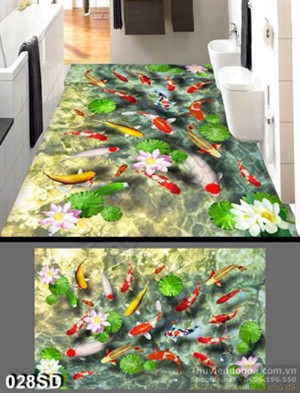 Tranh in sàn 3D cá chép và hoa Sen