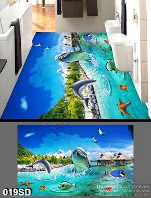 Tranh cá heo đại dương in sàn 3D