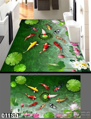 Tranh cá chép Koi và hoa Sen in sàn 3D