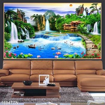 Tranh psd phong cảnh thác nước phong thủy nghệ thuật