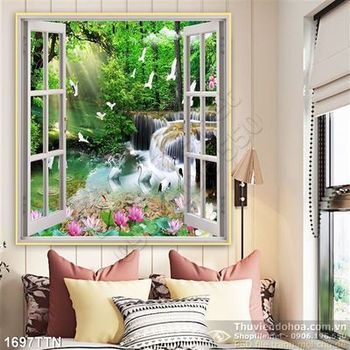 Tranh 3D cửa sổ thác nước trong khu rừng cà chim thiên nga