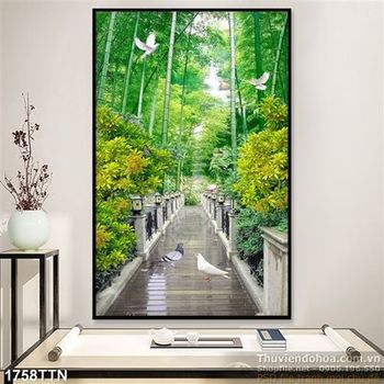 Tranh psd khổ dọc cây cầu và khu rừng tre in 3D