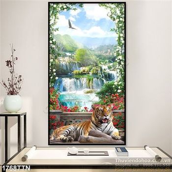 Tranh in 3d khổ dọc thác nước phong thủy