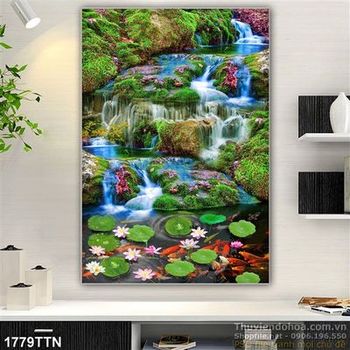 Tranh in uv cá Koi và thác nước phong thủy