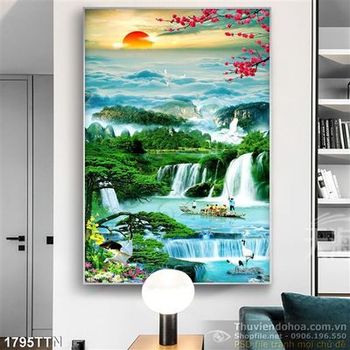 Tranh sơn thủy hữu tình mùa xuân in uv