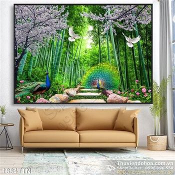 Tranh chim công và rừng Trúc in 3D Tranh chim công và rừng Trúc in 3D