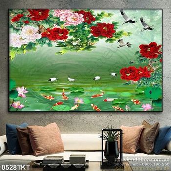 Tranh thư pháp hoa mẫu đơn và cá Koi