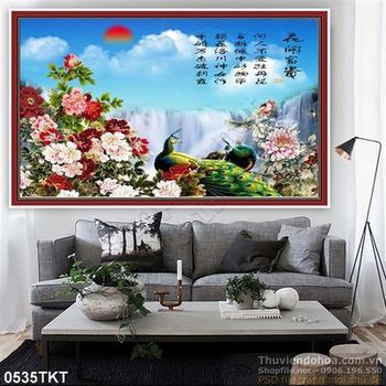 Tranh thư pháp hoa mẫu đơn và công