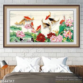 Tranh thư pháp hoa sen cá chép