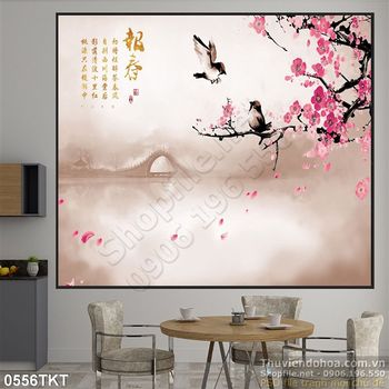 Tranh thư pháp chim yến và mùa xuân