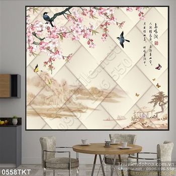 Tranh thư pháp hoa đào và chim yến