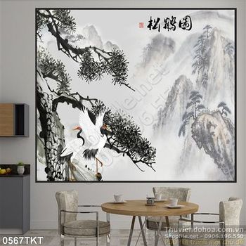 Tranh thư pháp chim hạc và sơn thủy