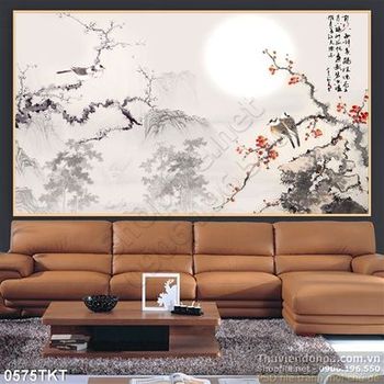 Tranh thư pháp hoa đào và chim én