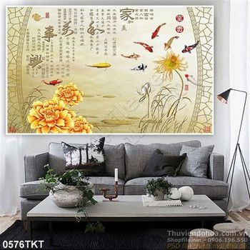 Tranh kim tiền cá chép và hoa mẫu đơn