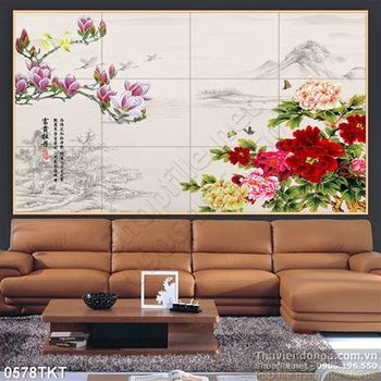 Tranh thư pháp hoa và núi