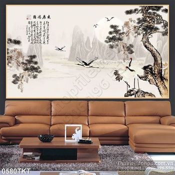 Tranh thư pháp chim hạc và sơn thủy