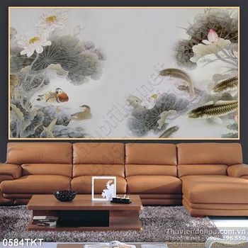 Tranh thư pháp hoa sen và cá chép