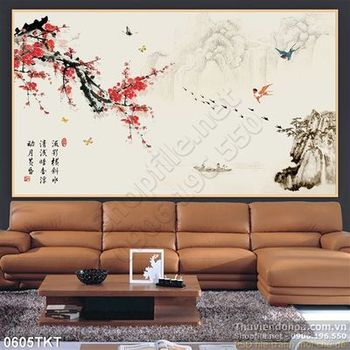 Tranh thư pháp hoa đào và chim én