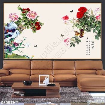 Tranh thư pháp hoa mẫu đơn