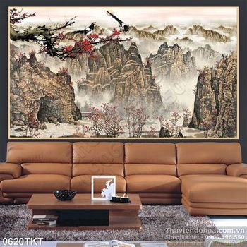 Tranh thư pháp sơn thủy và hoa đào