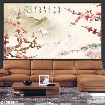 Tranh thư pháp hoa đào mùa xuân