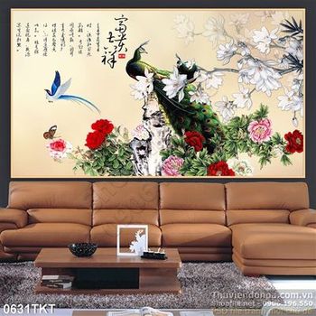 Tranh thư pháp chim công và hoa