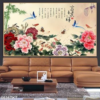 Tranh thư pháp hoa mẫu đơn