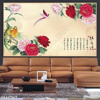 Tranh thư pháp hoa mẫu đơn nghệ thuật