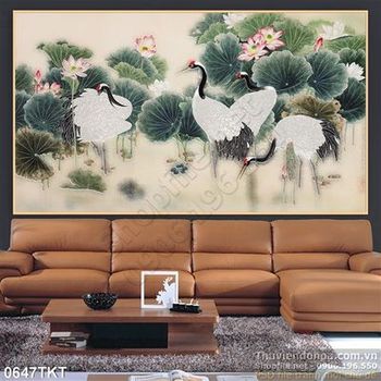 Tranh thư pháp chim hạc và sen