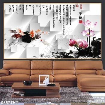 Tranh thư pháp hoa sen và hoa lan